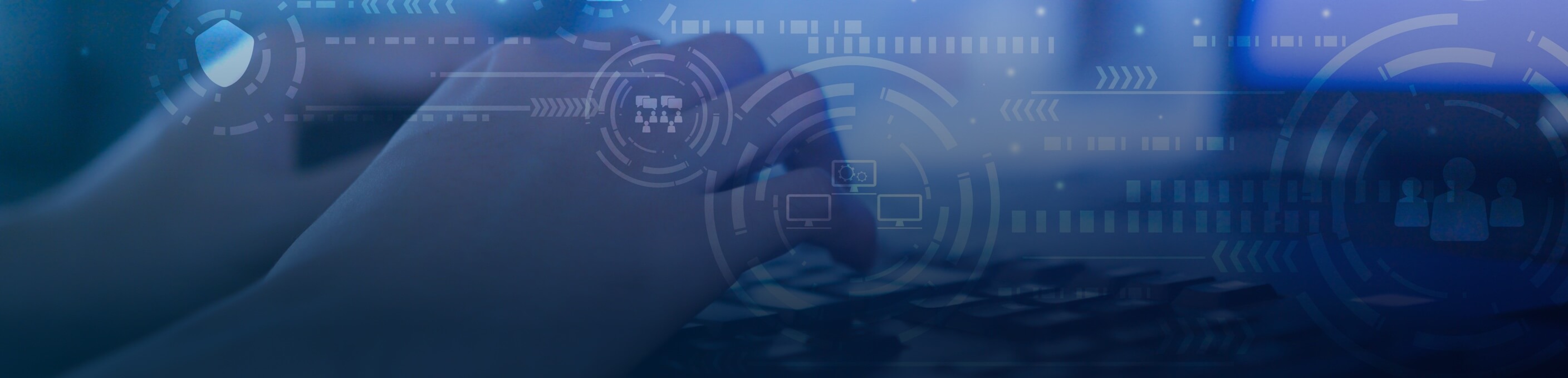 A blue abstract image of hands typing on a keyboard with icons representing digital documents.