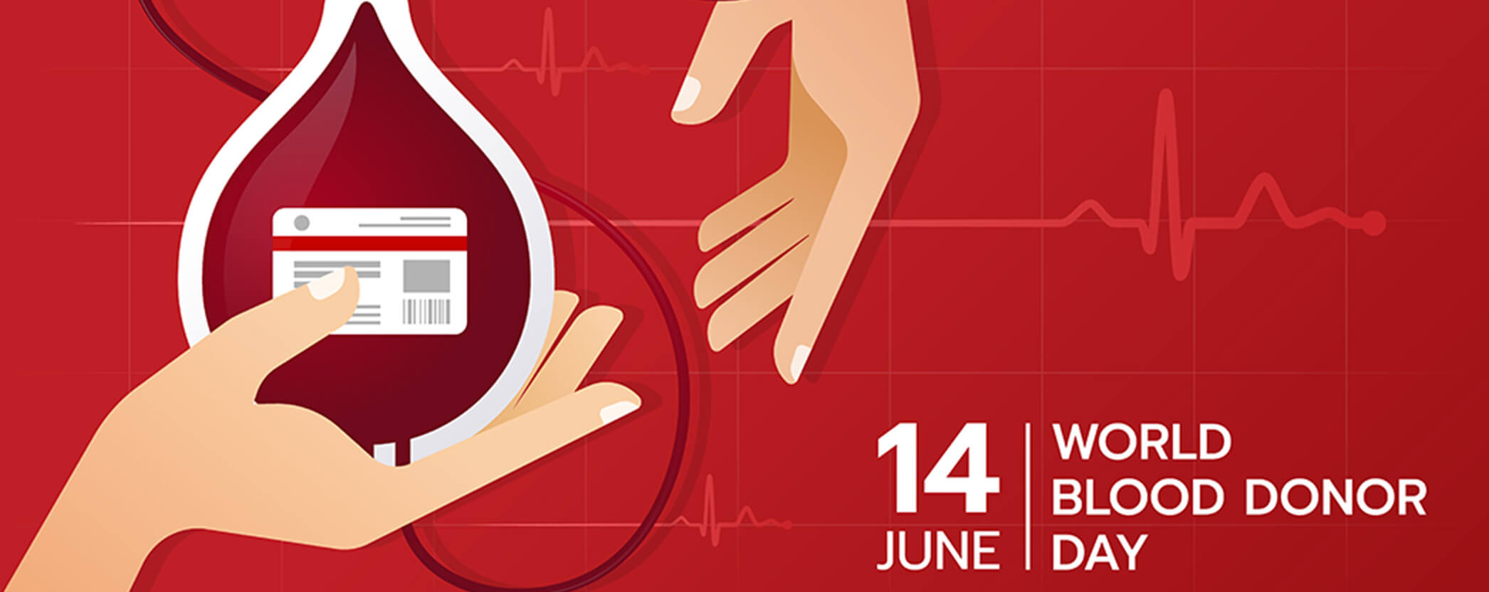 The donated blood is taken from the donor arm into drop shaped blood bag with hand hold on red background vector design.