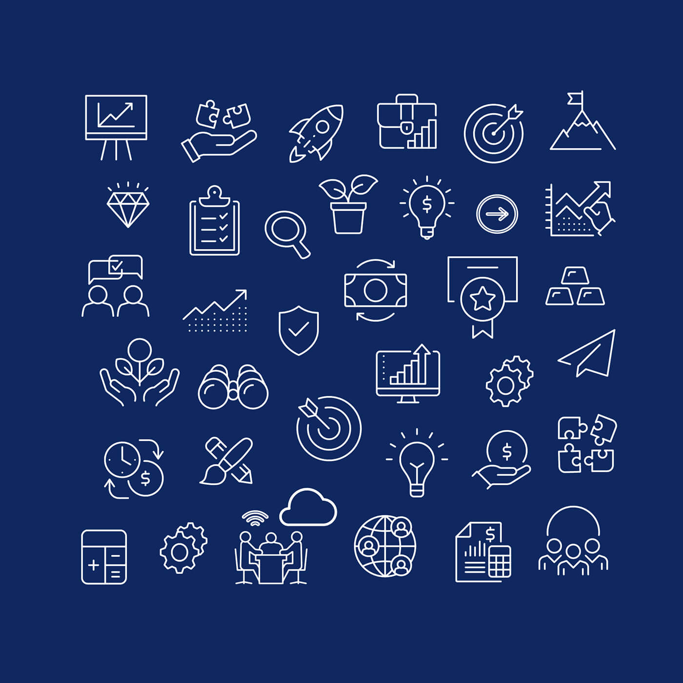 Business success icons on dark blue background