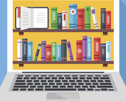 A colorful illustration of a laptop computer with a library of books visible on the computer screen. 