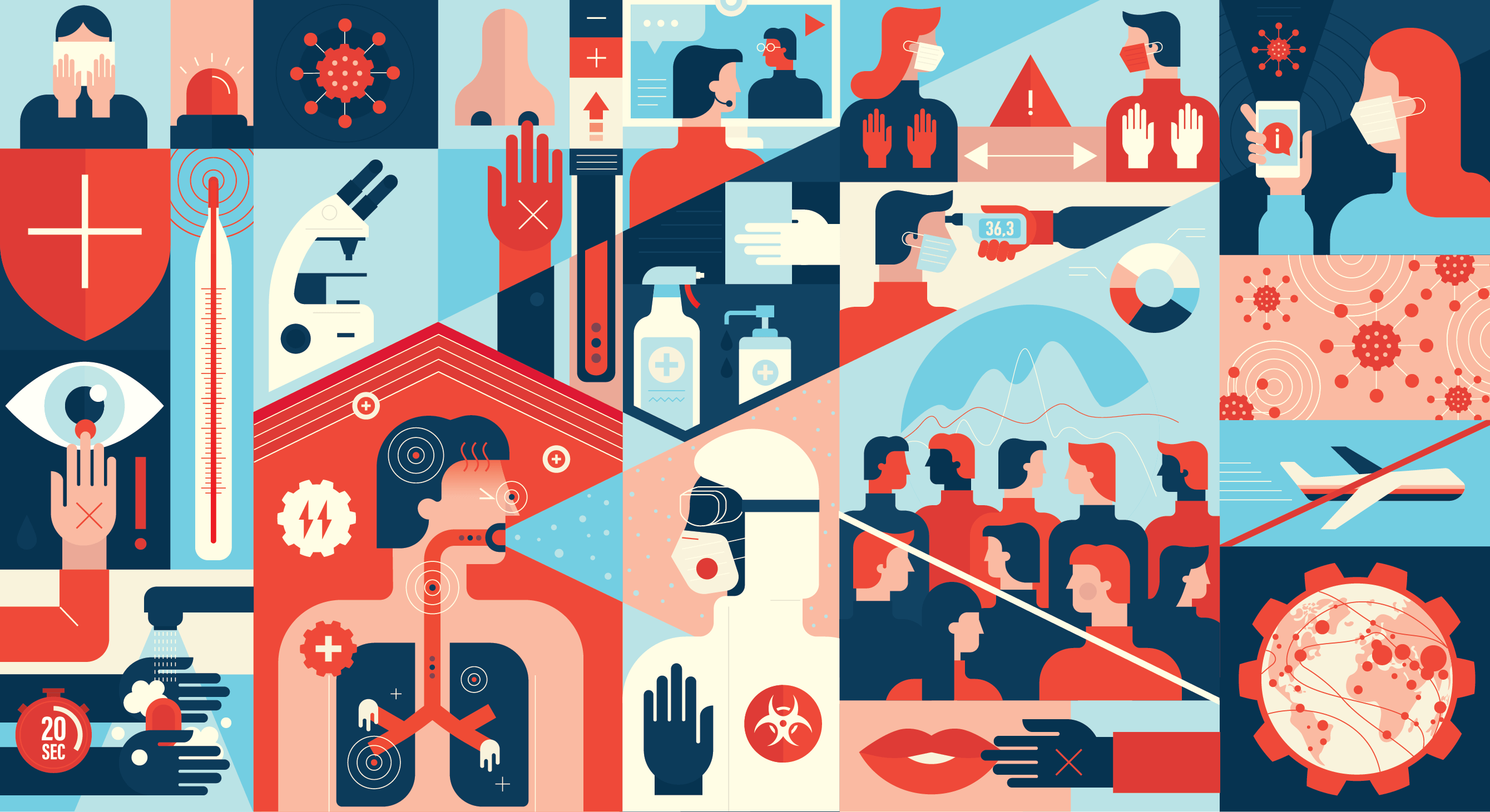 Illustration collage of global COVID-19 resonse. 